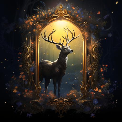 generate a high fantasy style portriate of a black deer looking slightly right from an ornate gold picture frame, surrounded by flowers. the background of the mirror should be a glowing portal into an etheral word