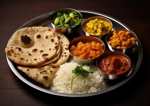 generate a photo realistic image of a sectional plate with Indian food, the plate should only contain 3 items, 4 chapatis, one vegetable and one dal only. make the rice white , remove the chutney , HD --ar 14:10