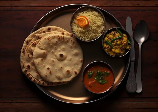 generate a photo realistic image of a sectional plate with Indian food, the plate should only contain 3 items, 4 chapatis, one vegetable and one dal only. Remove selected region, HD --ar 14:10