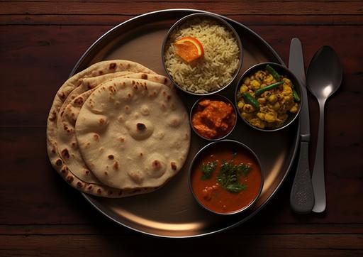 generate a photo realistic image of a sectional plate with Indian food, the plate should only contain 3 items, 4 chapatis, one vegetable and one dal only. HD --ar 14:10