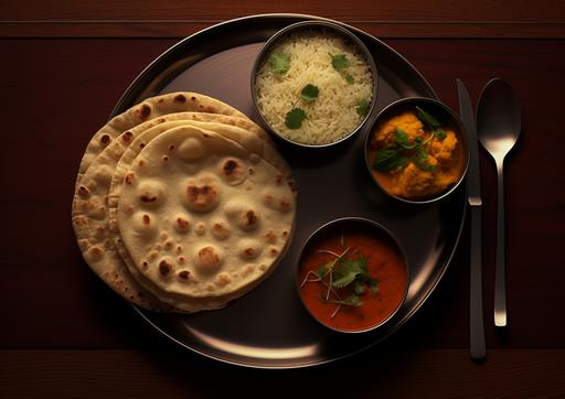 generate a photo realistic image of a sectional plate with Indian food, the plate should only contain 3 items, 4 chapatis, one vegetable and one dal only. Remove selected region, HD --ar 14:10