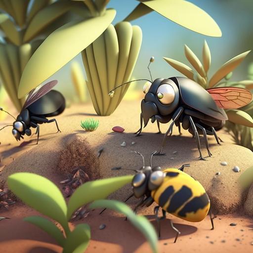 generate an cartoon image of insects on the ground in a nature setting, 4k, realistic --v 4