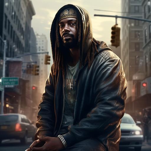 generate an image of black Jesus with a gangster vibe, blending elements of urban cool and divine charisma. Dress him in street attire with a hint of edge, With a diamond-thorned crown on his head. Pose him in a way that exudes confidence and authority, with a subtle smirk or an enigmatic expression. Incorporate elements of a cityscape or street background to enhance the urban aesthetic. Play with lighting to create a sense of mystery and intrigue. Keep the overall tone both street-savvy and iconically divine, capturing the essence of a 'black Gangster Jesus' with a touch of transcendent cool style of Jean-Michel Basquiat --v 5.0 --s 750