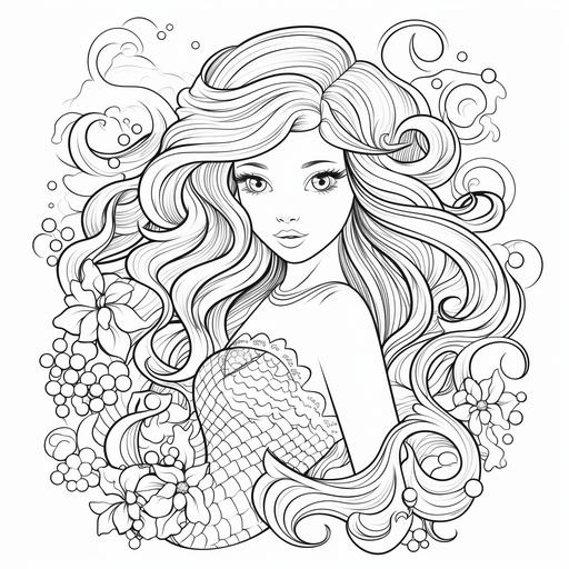 generate coloring page with mermaid, cartoon characters, minimal detail, black and white, no shading in size 8.5 x 11 Inches