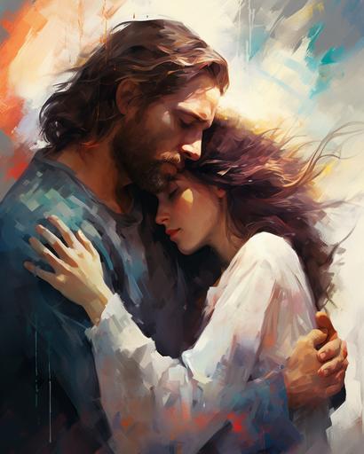 generate high end painting of the love envoloped in Christ for a digital printed --ar 4:5
