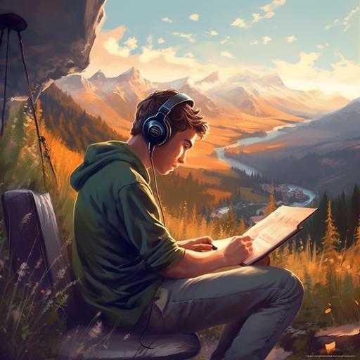 generates a background of a person listening to music while studying and that this person is relaxed that the landscape is in a fantastic world
