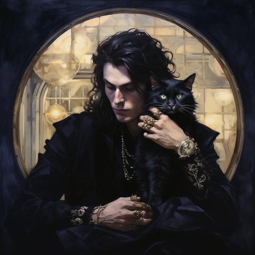 gentle eyed male magus holding an ornate mirror. wearing a robe. Raven bones. Old school vibe, serene presence. Witchy woman, black cat curled around shoulders. style Loose paint palette 70's painting