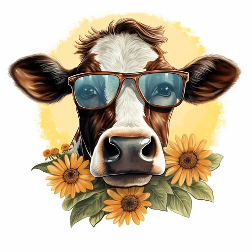genuine Dairy Cow & Glasses Clipart Cow Spring sunlowers Farm Cow Graphic Illustration Print Funny Cow