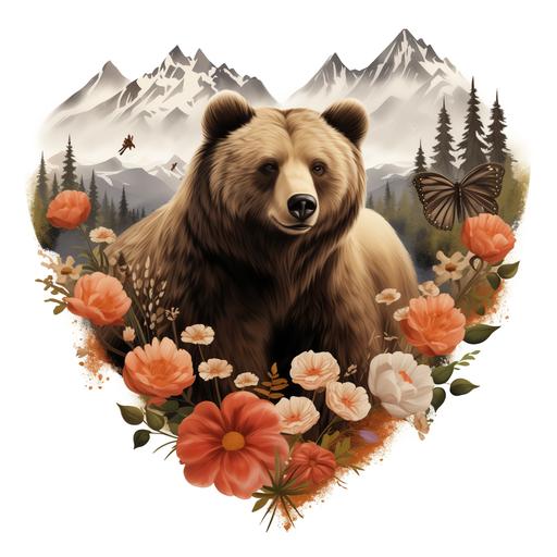 genuine Grizzly Bear Clipart Cute Bear Spring Daisy Flowers & Hearts PNG Mountain Bear Graphic Design Illustration Print