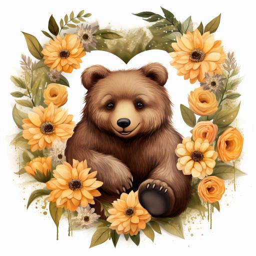 genuine Grizzly Bear Clipart Cute Bear Spring Daisy sunflowers & Hearts PNG Mountain Bear Graphic Design Illustration Print