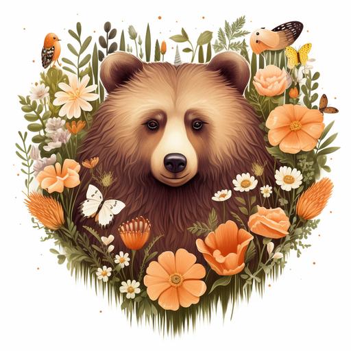 genuine Grizzly Bear Clipart Cute Bear Spring Daisy Flowers & Hearts Mountain Bear Graphic Design Illustration Print