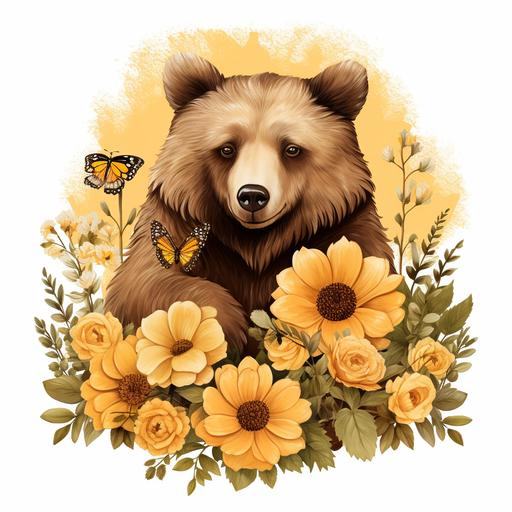 genuine Grizzly Bear Clipart Cute Bear Spring Daisy sunflowers & Hearts Mountain Bear Graphic Design Illustration Print