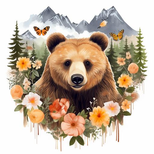 genuine Grizzly Bear Clipart Cute Bear Spring Daisy Flowers & Hearts Mountain Bear Graphic Design Illustration Print