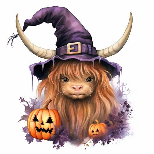 genuine Halloween Highland Cow Sublimation Witch Cow Trick Or Treat Highland Cow Halloween watercolor clipart Illustration highqulity