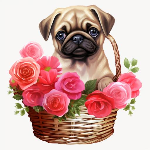 genuine Pug Clipart Puppy Pug in a Basket Baby Pug Dog PNG roses Flowers Clipart Graphic Illustration