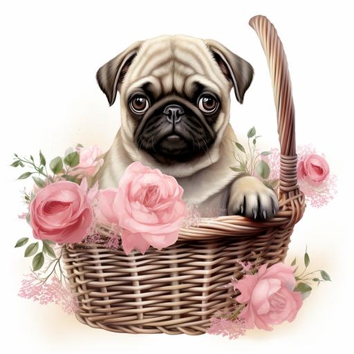 genuine Pug Clipart Puppy Pug in a Basket Baby Pug Dog PNG roses Flowers Clipart Graphic Illustration