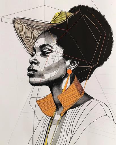 geodesic draw, with geodesic lines, powerful afro woman, fashion design sketch, beautiful, minimalist single line sketch, close, screenprint, african colors, blackpower, 1970's --ar 4:5