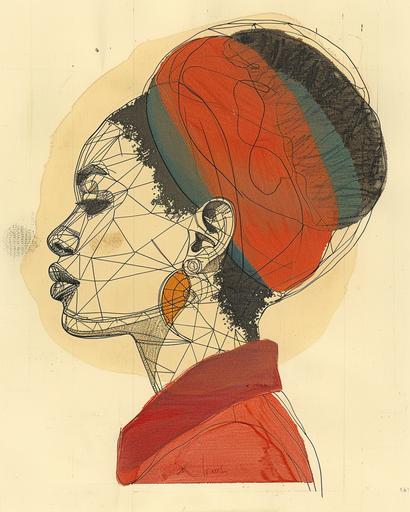 geodesic draw, with geodesic lines, powerful afro woman, fashion design sketch, beautiful, minimalist single line sketch, close, screenprint, african colors, blackpower, 1970's --ar 4:5