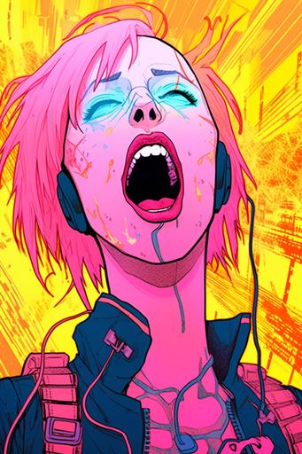 geoglyph | by mierlu ::0, lots of pink smoke coming out of her mouth, anachronistic geoglyphic punk woman contemptuous anger, she blows a lot of smoke out of her wide-open mouth, drawing, outlines, scribble, graphic bold blue and orange facial tattoos, yellow background, Conrad Roset, synthwave style, cyberpunk art, geoglyphpunk, space art, pop surrealism --ar 2:3 --c 22 --s 333 --v 5.1 --no cigarette