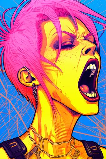 geoglyph | by mierlu ::0, lots of pink smoke coming out of her mouth, anachronistic geoglyphic punk woman contemptuous anger, she blows a lot of smoke out of her wide-open mouth, drawing, outlines, scribble, graphic bold blue and orange facial tattoos, yellow background, Conrad Roset, synthwave style, cyberpunk art, geoglyphpunk, space art, pop surrealism --ar 2:3 --c 22 --s 333 --v 5.1 --no cigarette