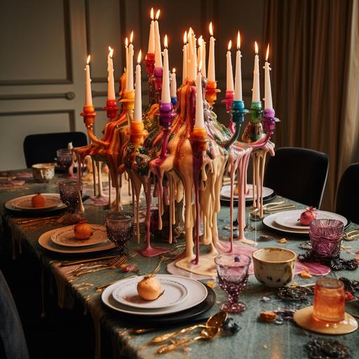 geoglyphic melting dripping candle centerpiece on a maximalist dining table