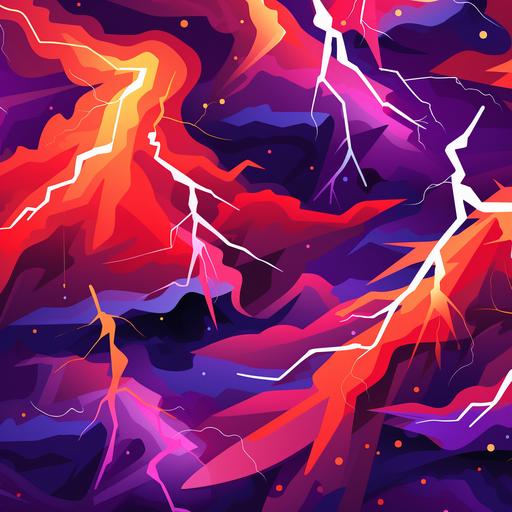 geometric anime cartoon lightning patterns, bright red orange purple