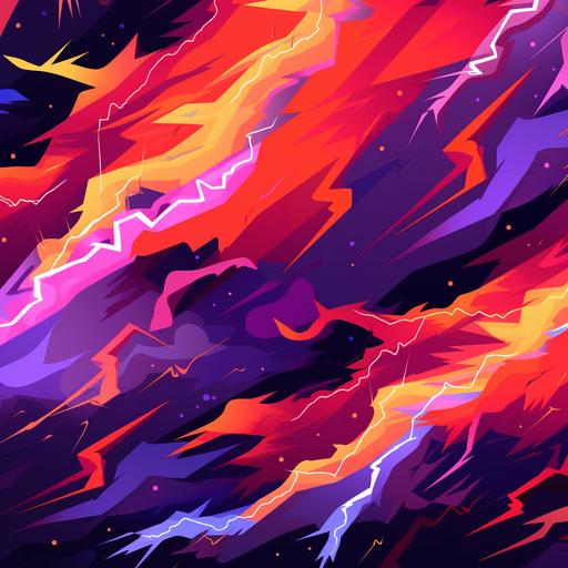 geometric anime cartoon lightning patterns, bright red orange purple