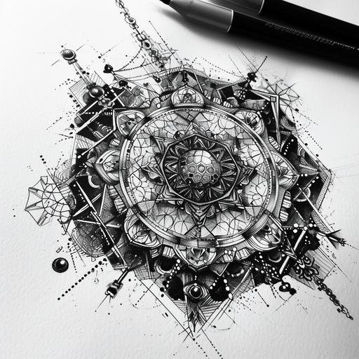 geometric dotted mandala tattoo design. ink drawing. Uses negative space to show geometric fractal shapes concentric with the tattoo centre. Heavy bio mechanical influences. Uses 3d looking hexagonal shapes. Ultra detailed drawing larger than usual with savant like finish quality. --v 6.0