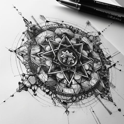 geometric dotted mandala tattoo design. ink drawing. Uses negative space to show geometric fractal shapes concentric with the tattoo centre. Heavy bio mechanical influences. Uses 3d looking hexagonal shapes. Ultra detailed drawing larger than usual with savant like finish quality. --v 6.0