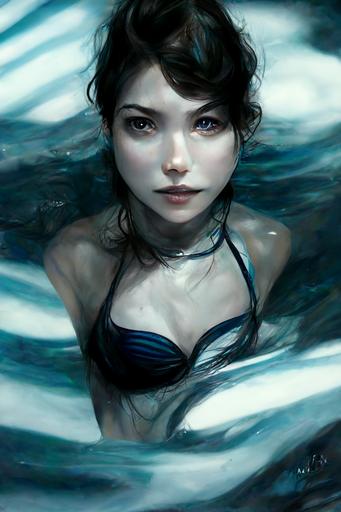 georgous and feminine surrounded by margins of dark ocean on all sides swimming underwater, beautiful eyes, wide angle zoomed-out, full length, high angle photo, black blue silver grey striped bikini, hyper realistic, super detailed eyes, artstation Lou LL, detail portrait, dark, shades of blue silver and white background, glamor, hi-resolution, ultra-hd, insanely detailed and intricate, hypermaximalist, elegant, ornate, hyper realistic, super detailed , Ray Traced, Diffraction Grating, Crystalline, artgerm, Lumen Reflections, Super-Resolution, gigapixel, color grading, retouch, PBR, Blender, V-ray, Procreate, zBrush, UE5, Cinema 4D, ROMM RGB, Adobe After Effects, 3DCG, VFX, SFX, FXAA, SSAO, --ar 5:7