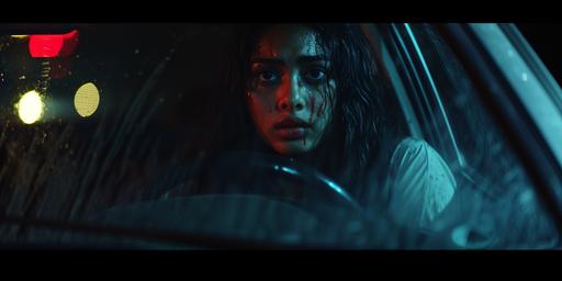 geraldine viswanathan inside of a car at night. She looks scared and has red on her face. dark and moody. cinematic lighting. hyperrealistic. canon 5d. --v 6.0 --ar 18:9