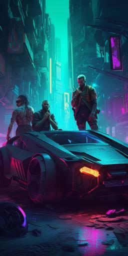geralt, batman and corvo as bounty hunters, cyberpunk style, neon city, guns, whiskey, car, --ar 9:18 --s 250 --v 5