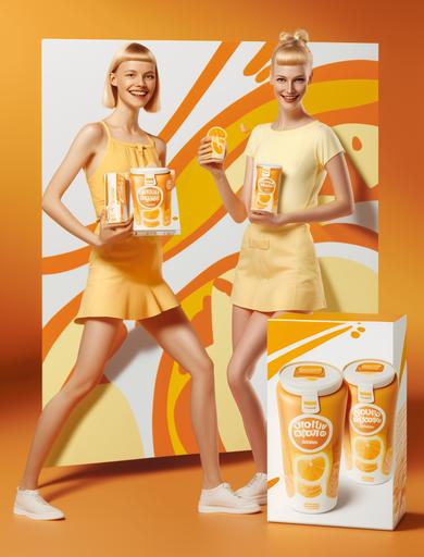 german product photo for orange juice featuring two incredibly attractive redhead teen girls, long legs, wide hips 🍊 🧃 --ar 17:22 --q 5 --stylize 1000 --chaos 100