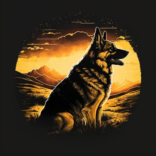 german shepherd dog, T shirt design, skyview, mountain and sun background, circular design, wide view, illustration, realistic, 8K, cinematic, vibrant rich colors, high contrast, black background, natural lighting, no water watermark,