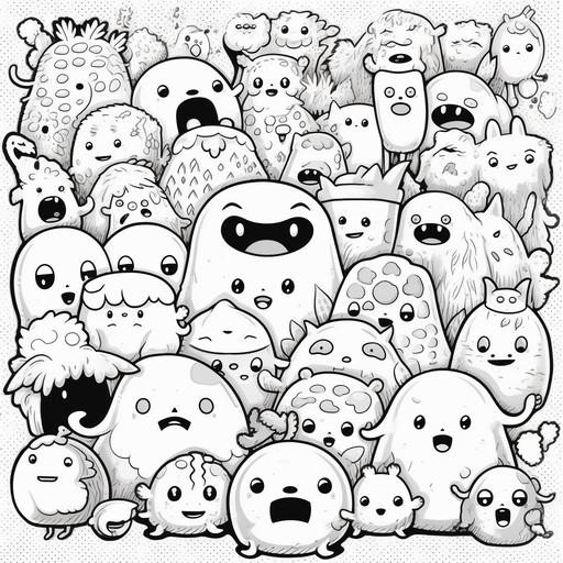 germs doodle art, kawaii colouring book, book illustration, vector, black and white, squishmallow