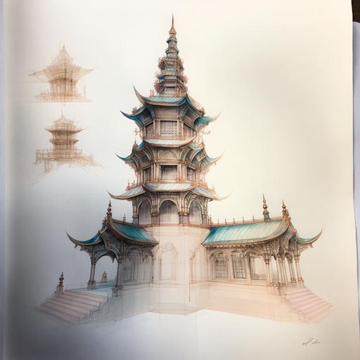 gestural architecture drawing, carnival glass castle, 19th century Japan, serene vibe, natural light --v 4
