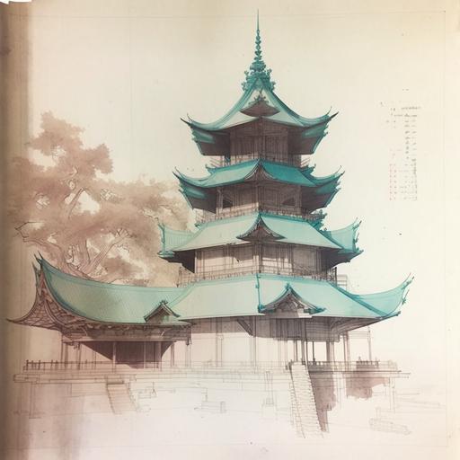 gestural architecture drawing, carnival glass castle, 19th century Japan, glacial serene vibe, natural light