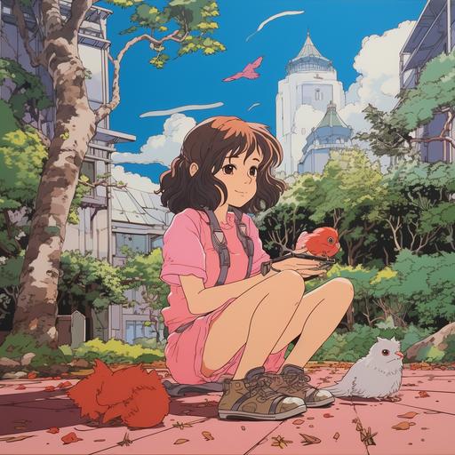 ghibli studio, girl eating noodle in her park with her cute bird pink, outline marker