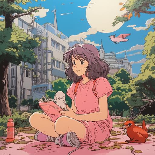 ghibli studio, girl eating noodle in her park with her cute bird pink, outline marker