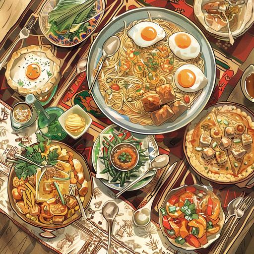 ghibli studio, ramadan food table, illustration, complex graphic style and intricate lines