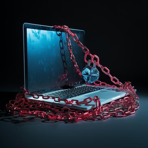 Laptop with chain and lock around it , blue and red tint ar-- 16:9
