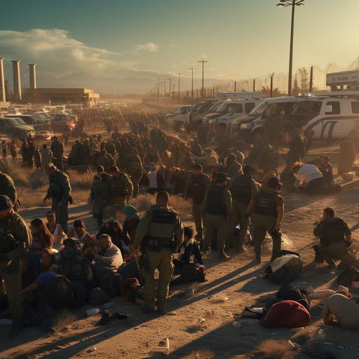 US Border agents arresting thousands of Illegal aliens at the US border, Cinematic quality, highly detailed, 9:16 ar