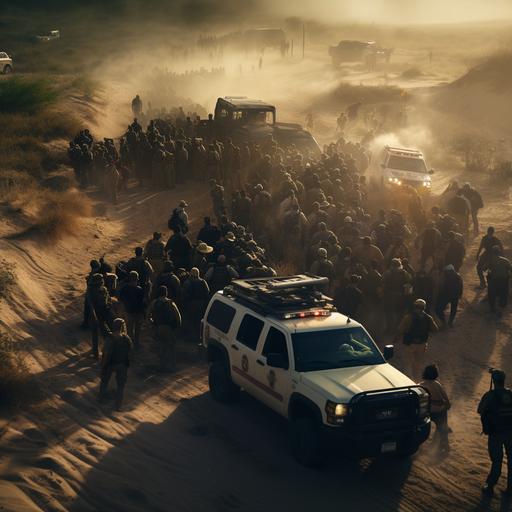 US Border agents arresting thousands of Illegal aliens at the US border, Cinematic quality, highly detailed, 9:16 ar