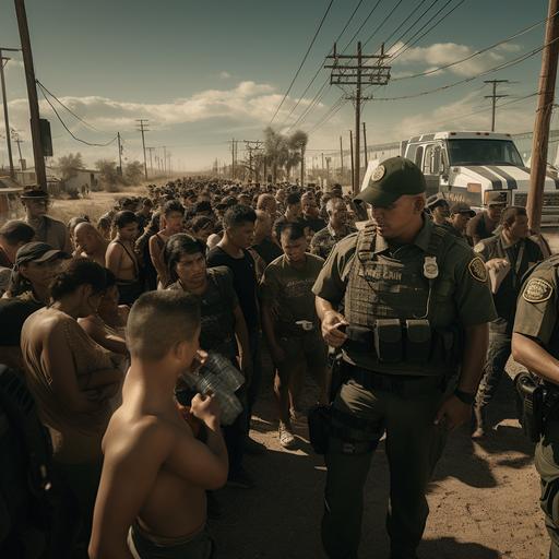 US Border agents arresting thousands of Illegal aliens at the US border, Cinematic quality, highly detailed, 9:16 ar