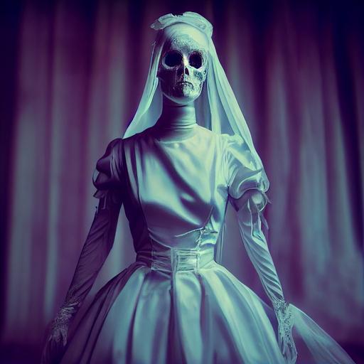 ghost gown on a vintage mannequin, photorealistic, cinematic light, hyper detailed, intricate details, full-shot angle, white silk, white veil, strange, gothicpunk, vaporwave, neonwave, unreal engine, HD, 8k --test --creative