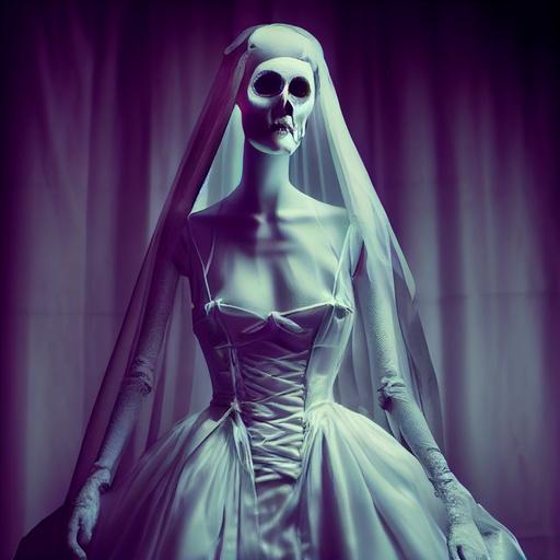 ghost gown on a vintage mannequin, photorealistic, cinematic light, hyper detailed, intricate details, full-shot angle, white silk, white veil, strange, gothicpunk, vaporwave, neonwave, unreal engine, HD, 8k --test --creative