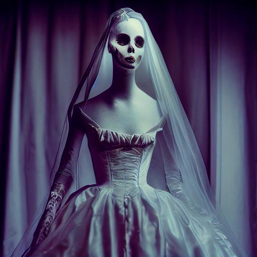 ghost gown on a vintage mannequin, photorealistic, cinematic light, hyper detailed, intricate details, full-shot angle, white silk, white veil, strange, gothicpunk, vaporwave, neonwave, unreal engine, HD, 8k --test --creative