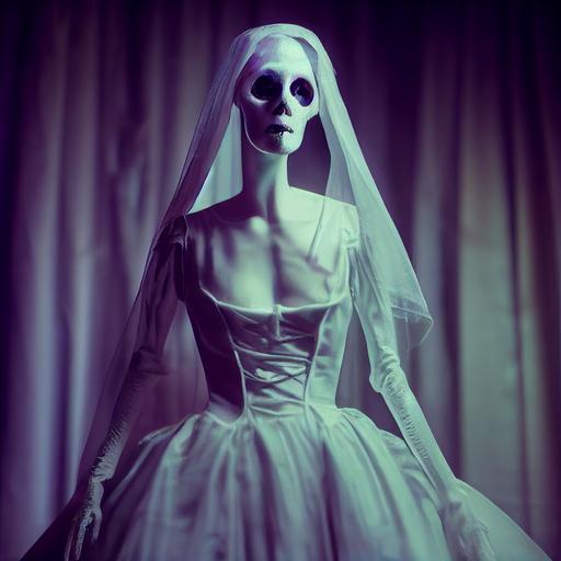 ghost gown on a vintage mannequin, photorealistic, cinematic light, hyper detailed, intricate details, full-shot angle, white silk, white veil, strange, gothicpunk, vaporwave, neonwave, unreal engine, HD, 8k --test --creative