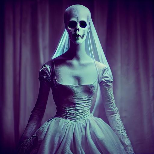 ghost gown on a vintage mannequin, photorealistic, cinematic light, hyper detailed, intricate details, full-shot angle, white silk, white veil, strange, gothicpunk, vaporwave, neonwave, unreal engine, HD, 8k --test --creative