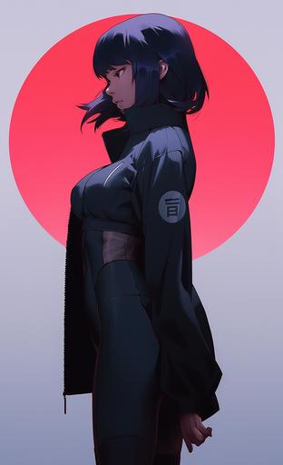 ghost in the shell cartoon series, in the style of quirky character designs, navy, alastair magnaldo, full body, anime art, frontal perspective, blink-and-you-miss-it detail --ar 87:143 --niji 5